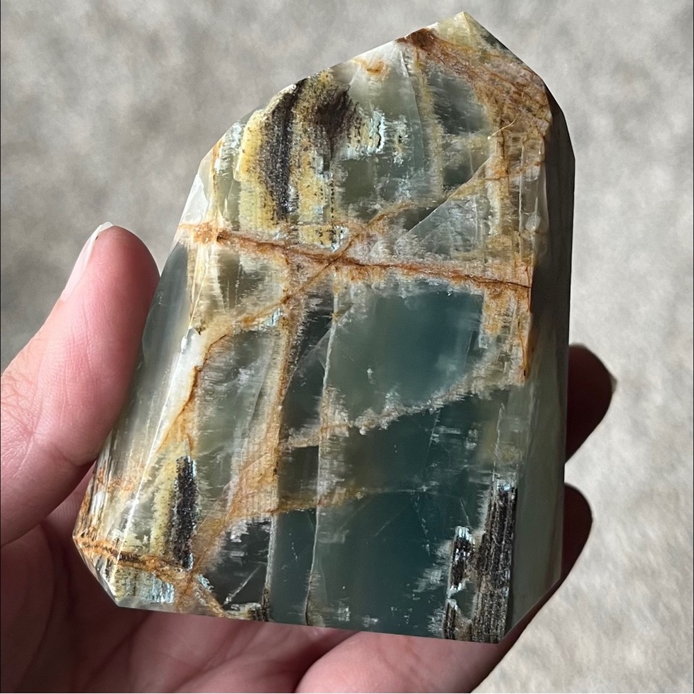 Lemurian Aquatine Calcite/Brazilian Blue Onyx Point (Polished) - Picture 5 of 17